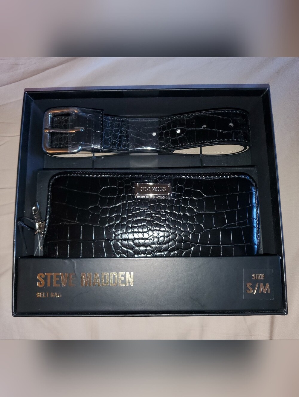 *New In Box* Steve Madden Black Croc-Embossed Belt Bag Combo Gift Set-size S/M